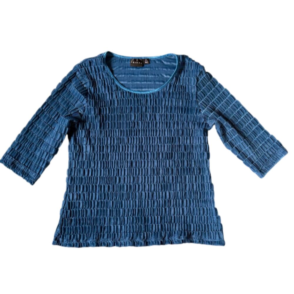 Tribal Blue Textured Pleated 3/4 Sleeve Top L Jewel Tone Shimmer Stretch Blouse